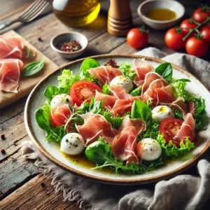 Een frisse Italiaanse salade met jonge bladsla, sappige tomatenblokjes, stukjes mozzarella en krokante Parmaham. Licht besprenkeld met olijfolie-citroendressing en gegarneerd met Italiaanse kruiden. Geserveerd op een rustieke houten tafel met zachte, natuurlijke belichting.