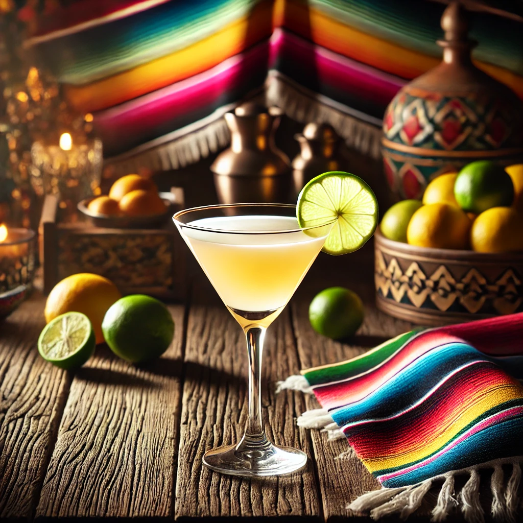 Een klassieke Daiquiri-cocktail in een martiniglas, gegarneerd met een schijfje limoen, gepresenteerd tegen een sfeervolle Mexicaanse achtergrond met kleurrijke textielpatronen en citrusvruchten.