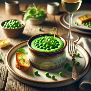 Erwtenpuree Royale, een verfijnde groene erwtencustard met een zijdezachte textuur, geserveerd in een rustiek keramisch schaaltje. Gegarneerd met verse kruiden en een vleugje room, met knapperige baguetteschijfjes ernaast, sfeervol gepresenteerd op een houten tafel met natuurlijke belichting.