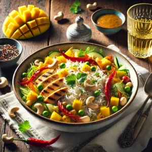 Exotische rijstsalade met mango, paprika en kip