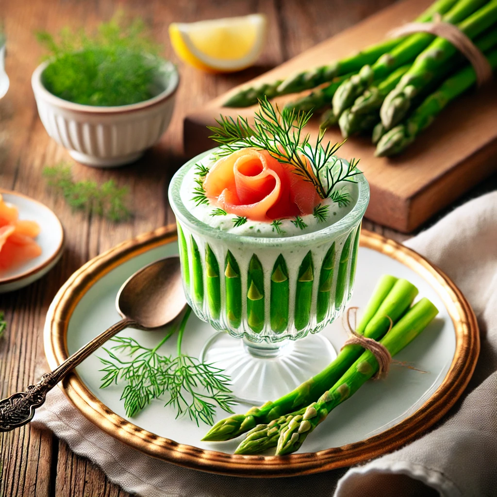 Een rustieke houten tafel met een feestelijk gerecht van aspergemousse met gerookte zalm, geserveerd in elegante glazen, gegarneerd met dille en een citroenpartje.