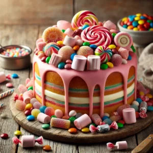 Een realistische foto van een feestelijke snoeptaart, geserveerd op een rustieke houten tafel. De taart bestaat uit lagen vanillecake, bedekt met een glanzend roze aardbeienglazuur. Allerlei kleurrijk snoep, zoals lollies, marshmallows, dropveters, kauwgomballen en M&M's, is speels gerangschikt bovenop en langs de randen. Sommige snoepjes zijn in de frosting gedrukt, terwijl anderen strategisch zijn geplaatst voor een vrolijke, decoratieve uitstraling. Op de achtergrond ligt een houten snijplank met extra snoep en een schaaltje glazuur, subtiel vervaagd. Zacht natuurlijk licht benadrukt de texturen en levendige kleuren, wat zorgt voor een feestelijke en uitnodigende sfeer.