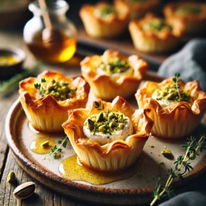 Knapperige filodeegtaartjes gevuld met romige geitenkaas, bestrooid met gehakte pistachenoten en een drizzle honing, geserveerd op een rustieke houten tafel.