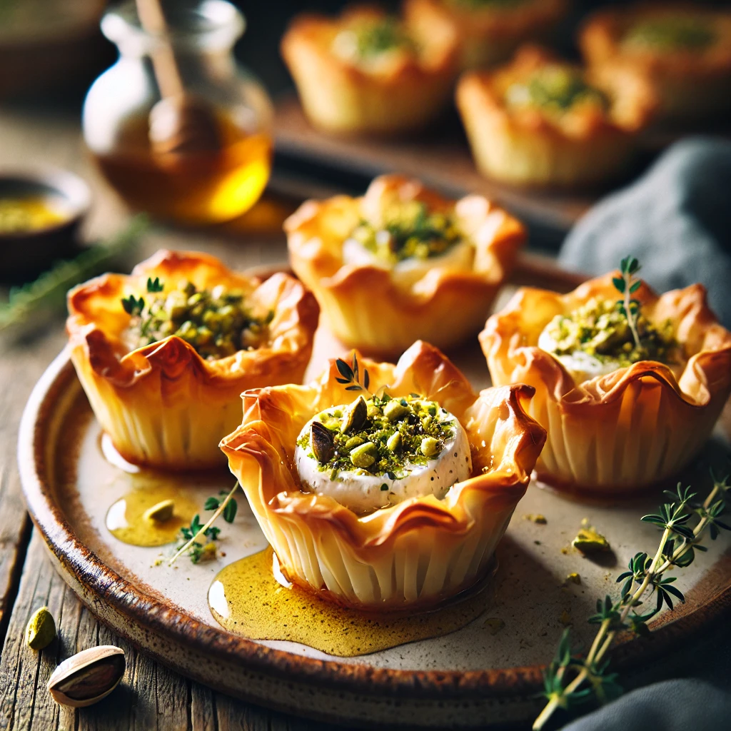 Knapperige filodeegtaartjes gevuld met romige geitenkaas, bestrooid met gehakte pistachenoten en een drizzle honing, geserveerd op een rustieke houten tafel.
