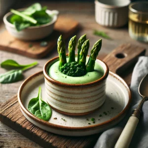 Fluweelzachte aspergeroyale met een romige textuur, geserveerd in een rustiek keramisch schaaltje. Gegarneerd met gebakken spinazie, verse kruiden en een lichte roomsaus, sfeervol gepresenteerd op een houten tafel met natuurlijke belichting.