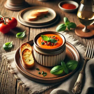 Tomaten Royale, een fluweelzachte tomatencustard met een warme oranje-rode tint, geserveerd in een rustiek keramisch schaaltje. Gegarneerd met verse basilicum en een druppel olijfolie, met krokante baguetteschijfjes ernaast, sfeervol gepresenteerd op een houten tafel met natuurlijke belichting.Tomaten Royale, een fluweelzachte tomatencustard met een warme oranje-rode tint, geserveerd in een rustiek keramisch schaaltje. Gegarneerd met verse basilicum en een druppel olijfolie, met krokante baguetteschijfjes ernaast, sfeervol gepresenteerd op een houten tafel met natuurlijke belichting.