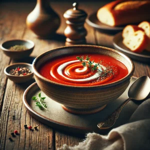 Fluweelzachte tomatenvelouté met romige liaison, een romige en fluweelzachte tomatensoep met een diepe rode tint, geserveerd in een rustiek keramisch schaaltje. Gegarneerd met een swirl van room en verse kruiden, met knapperig stokbrood ernaast, sfeervol gepresenteerd op een houten tafel met natuurlijke belichting.