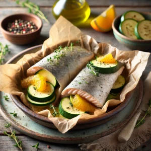 Een realistische foto van forelpakketjes met courgette en sinaasappel, geserveerd in een keramieken schaal op een doorleefde houten tafel. De delicate forelfilets zijn verpakt in bakpapier met dun gesneden courgette en heldere sinaasappelpartjes. Een drizzle olijfolie, verse tijm en een snufje zwarte peper verfijnen de smaken. De pakketjes zijn deels geopend, waardoor de malse, schilferige vis zichtbaar wordt. Op de achtergrond ligt een houten snijplank met extra courgetteplakjes, sinaasappelpartjes en een schaaltje olijfolie, subtiel vervaagd. Zacht natuurlijk licht benadrukt de texturen en kleuren, wat zorgt voor een uitnodigende, frisse uitstraling.