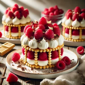Laagdessert met frambozen en witte chocoladeroom, opgebouwd met galette wafels, gegarneerd met chocoladekrullen en verse frambozen, geserveerd op elegante borden op een rustieke houten tafel in warm, natuurlijk licht.