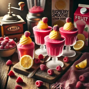 Verfrissende frambozensmoothie met citroensorbetijs, geserveerd in wijde glazen op een rustieke houten tafel, versierd met frambozen en citroenzest in een warme, natuurlijke sfeer.