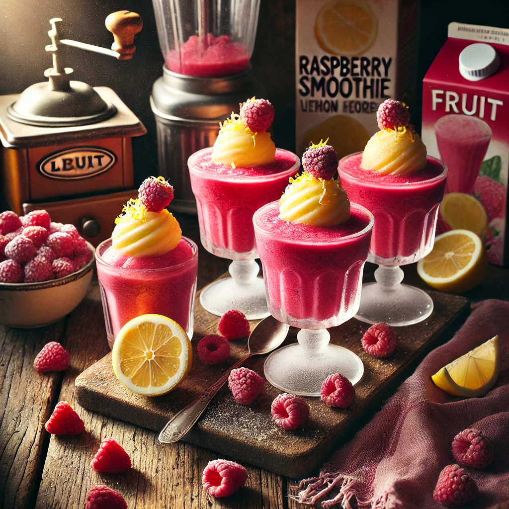 Verfrissende frambozensmoothie met citroensorbetijs, geserveerd in wijde glazen op een rustieke houten tafel, versierd met frambozen en citroenzest in een warme, natuurlijke sfeer.