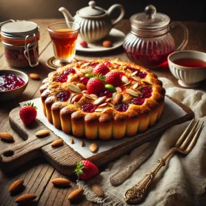 Een goudbruine bladerdeegster gevuld met frangipane en rode bessenjam, bestrooid met amandelschaafsel en poedersuiker, gepresenteerd op een wit bord op een houten tafel met een potje jam en een glaasje dessertwijn.