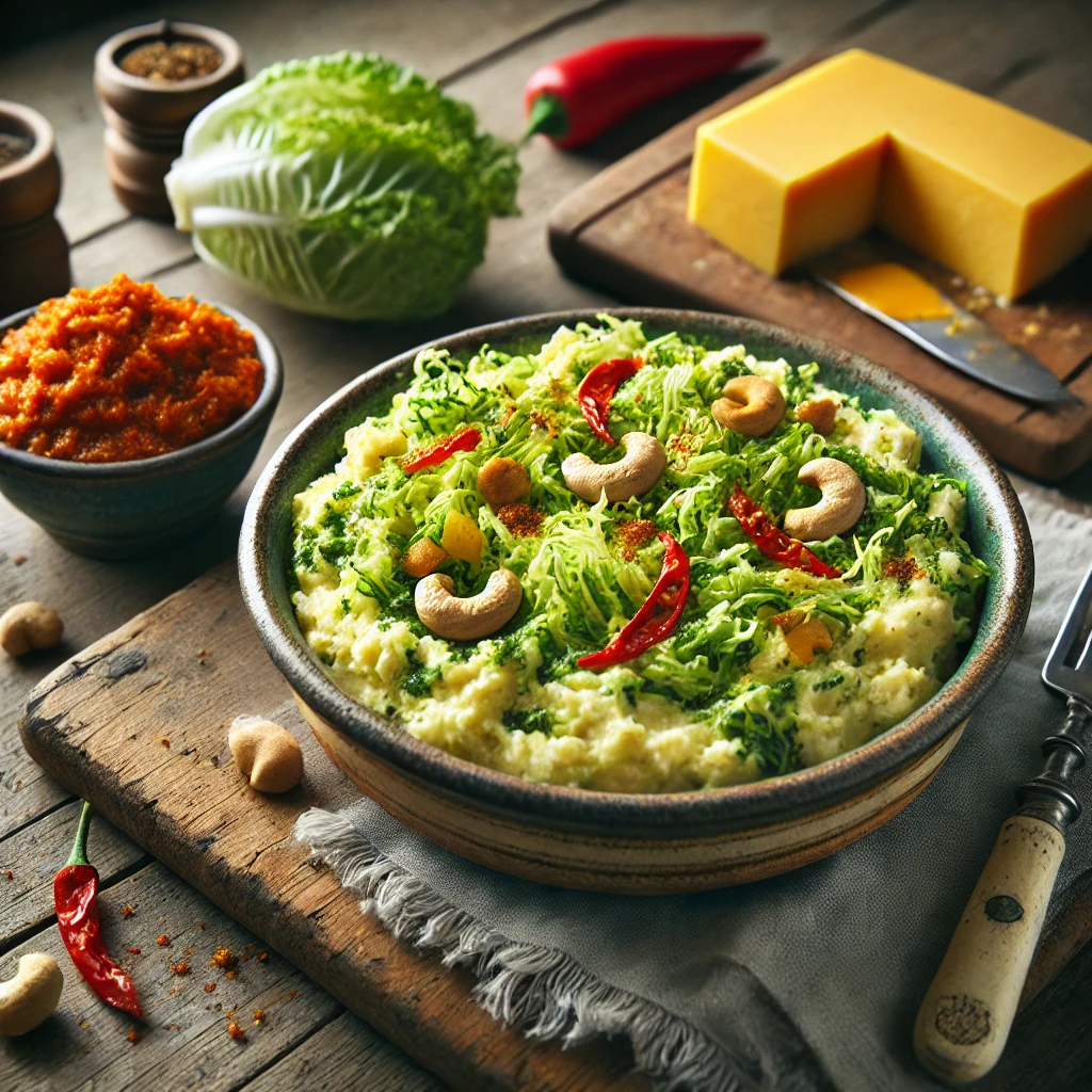 Een rustieke foto van stamppot van frisée-sla met paprikarelish, geserveerd in een keramieken kom op een doorleefde houten tafel. De smeuïge aardappelpuree is gemengd met knapperige frisée-sla, wat zorgt voor een frisse textuur. Krokante cashewnoten en kleine blokjes mosterdkaas zijn door de stamppot geschept. De felgekleurde paprikarelish, gemaakt van langzaam gegaarde paprika en ui, wordt apart geserveerd in een klein schaaltje. Op de achtergrond ligt een houten snijplank met extra kaasblokjes en sla, subtiel vervaagd. Zacht natuurlijk licht zorgt voor een warme en uitnodigende sfeer.