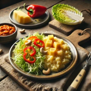 Een rustieke foto van stamppot friséesla met paprikarelish, geserveerd op een keramieken bord op een doorleefde houten tafel. De smeuïge aardappelpuree is gemengd met knapperige friséesla, wat zorgt voor een frisse textuur. Kleine blokjes mosterdkaas en krokante cashewnoten zijn door de stamppot geschept. De felgekleurde paprikarelish, gemaakt van langzaam gegaarde paprika en ui, wordt apart geserveerd in een klein schaaltje. Op de achtergrond ligt een houten snijplank met extra kaasblokjes en sla, subtiel vervaagd. Zacht natuurlijk licht zorgt voor een warme en uitnodigende sfeer.