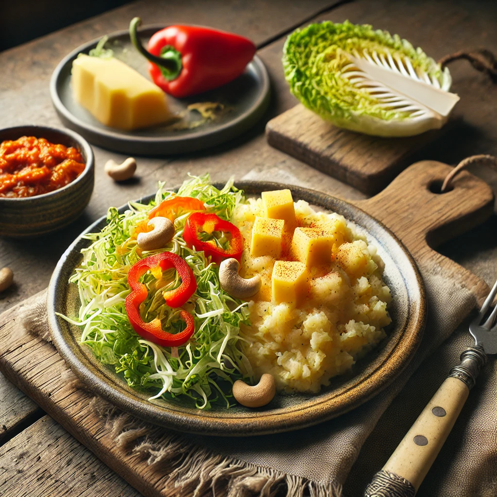 Een rustieke foto van stamppot friséesla met paprikarelish, geserveerd op een keramieken bord op een doorleefde houten tafel. De smeuïge aardappelpuree is gemengd met knapperige friséesla, wat zorgt voor een frisse textuur. Kleine blokjes mosterdkaas en krokante cashewnoten zijn door de stamppot geschept. De felgekleurde paprikarelish, gemaakt van langzaam gegaarde paprika en ui, wordt apart geserveerd in een klein schaaltje. Op de achtergrond ligt een houten snijplank met extra kaasblokjes en sla, subtiel vervaagd. Zacht natuurlijk licht zorgt voor een warme en uitnodigende sfeer.