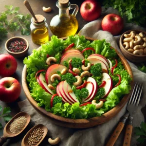 Frisse salade met groene sla, rode appelschijfjes, gehakte gezouten cashewnoten, sjalot en peterselie, geserveerd in een houten schaal met decoratie van appels, olijfolie en verse kruiden.