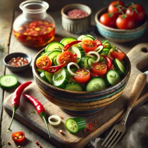 Een rustieke foto van atjar van komkommer en tomaat, geserveerd in een keramieken kom op een doorleefde houten tafel. De verse komkommerschijfjes en gehalveerde cherrytomaten zijn gemarineerd in een zoetzure azijndressing. Dun gesneden rode peper en fijngesnipperde ui zorgen voor een pittige toets. Kleine zilveruitjes en een snufje verse peterselie maken de presentatie compleet. Op de achtergrond ligt een houten snijplank met extra ingrediënten en een schaaltje azijn, subtiel vervaagd. Zacht natuurlijk licht zorgt voor een warme en uitnodigende sfeer.