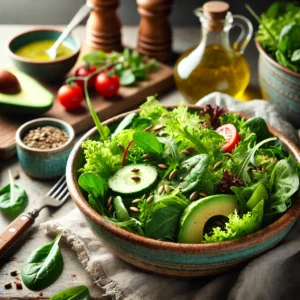Een rustieke foto van een frisse groene salade, geserveerd in een keramieken kom op een doorleefde houten tafel. De salade bestaat uit knapperige sla, babyspinazie, rucola en dun gesneden komkommer, gegarneerd met cherrytomaten, avocadoschijfjes en geroosterde zaden. Er is een lichte vinaigrette overheen gedruppeld, met enkele zichtbare druppels op de blaadjes. Op de achtergrond ligt een houten snijplank met extra salade-ingrediënten en een schaaltje dressing, subtiel vervaagd. Zacht natuurlijk licht zorgt voor een frisse en uitnodigende sfeer.