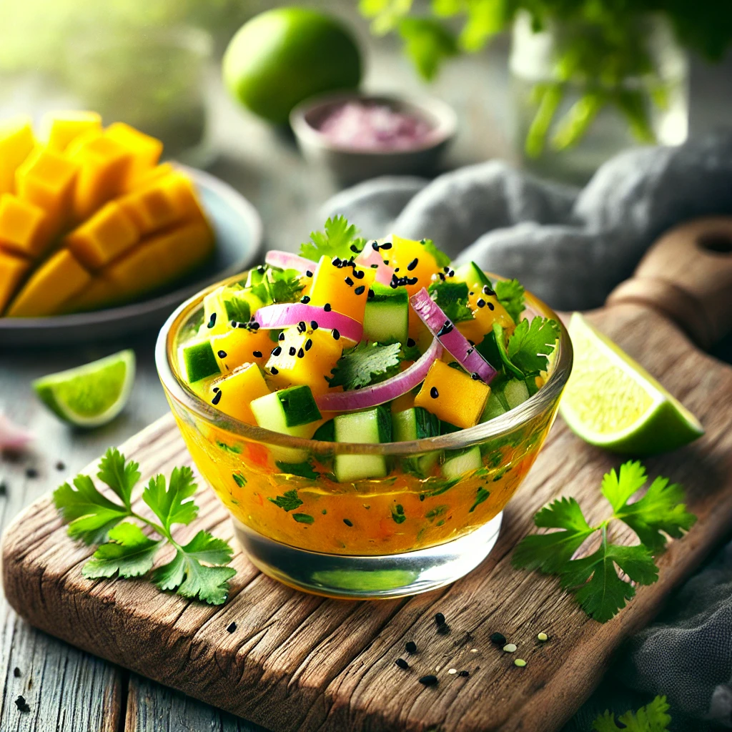 Frisse mango-komkommer chutney in een glazen kom, met stukjes mango, komkommer, rode ui en koriander, gegarneerd met zwarte sesamzaadjes en een limoenpartje, geserveerd op een rustieke houten plank in een lichte, zomerse setting.