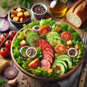 Salade met verse sla, plakjes bockworst, tomatenpartjes, avocado, komkommer, rode ui en knoflookcroutons, gegarneerd met bieslook, geserveerd met bruin stokbrood en een glas rosé, op een rustieke houten tafel.