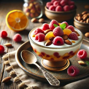 Glazen schaaltjes met romige hazelnoot-citroenyoghurt, gegarneerd met verse frambozen en geraspte citroenschil, geserveerd op een rustieke houten tafel met hazelnoten en een halve citroen op de achtergrond.