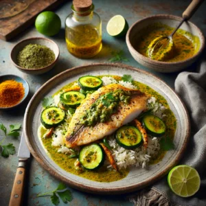 Gebakken tilapia met groene currysaus en courgette-rijst