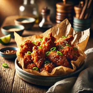 Gefrituurde kip in bakpapier, gekruid met een Aziatische marinade van sojasaus, knoflook en gember, geserveerd met lente-ui, sesamzaadjes en een dipsaus op een rustieke houten tafel.
