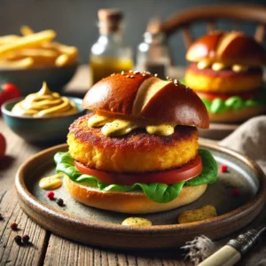 Een realistische foto van gegrilde kabeljauwburgers met pittige mosterdmayonaise, geserveerd op een rustiek keramieken bord op een doorleefde houten tafel. De goudbruine visburgers hebben een knapperige, gegrilde buitenkant en een malse, schilferige binnenkant. Ze zijn op een geroosterd briochebroodje gelegd, met verse sla, tomaat en een royale lepel romige mosterdmayonaise met een pittige toets. Een bijgerecht van knapperige frietjes of een lichte salade maakt het gerecht compleet. Op de achtergrond ligt een houten snijplank met extra kabeljauwburgers, broodjes en een schaaltje mosterdmayonaise, subtiel vervaagd. Zacht natuurlijk licht benadrukt de texturen en kleuren, wat zorgt voor een uitnodigende, gastronomische uitstraling.