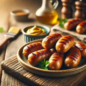 Een rustieke foto van gegrilde knakworstjes met een knapperig korstje, geserveerd op een keramieken bord op een doorleefde houten tafel. De worstjes hebben een goudbruine, lichtgekarameliseerde buitenkant en glanzen door een dun laagje olie. Ernaast staat een klein schaaltje mosterd en een garnering van verse peterselie voegt kleur toe. Op de achtergrond ligt een houten snijplank met extra worstjes en een kwastje met olie, subtiel vervaagd. Zacht natuurlijk licht zorgt voor een warme en uitnodigende sfeer.