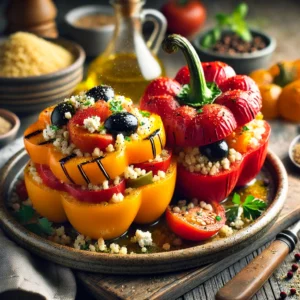Een realistische foto van gegrilde paprika’s gevuld met mediterrane couscous, geserveerd op een keramieken bord op een doorleefde houten tafel. De rood, geel en oranje paprika’s zijn perfect geroosterd en gevuld met luchtige couscous, gemengd met gehakte tomaten, olijven, feta en verse kruiden. Een drizzle olijfolie en een snufje zwarte peper maken het gerecht af. Op de achtergrond ligt een houten snijplank met extra couscous, kruiden en een schaaltje olijfolie, subtiel vervaagd. Zacht natuurlijk licht benadrukt de texturen en kleuren, wat zorgt voor een uitnodigende, verse uitstraling.