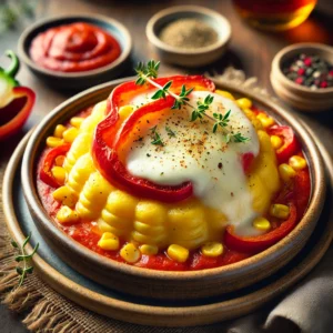 Paprikastamppot met maïs en gesmolten mozzarella, geserveerd in een rustiek keramisch schaaltje. Overgoten met een rijke tomatensaus en gegarneerd met verse tijm en zwarte peper, sfeervol gepresenteerd op een houten tafel met natuurlijke belichting.