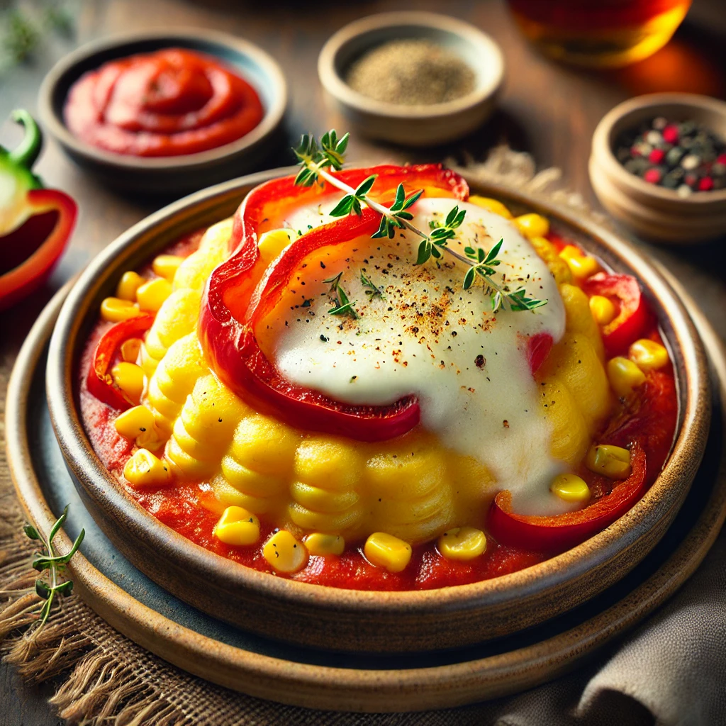 Paprikastamppot met maïs en gesmolten mozzarella, geserveerd in een rustiek keramisch schaaltje. Overgoten met een rijke tomatensaus en gegarneerd met verse tijm en zwarte peper, sfeervol gepresenteerd op een houten tafel met natuurlijke belichting.