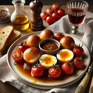 Gehaktballetjes gevuld met hardgekookt ei, doormidden gesneden en geserveerd in een rijke tomatensaus, gegarneerd met verse tijm, op een wit bord met een rustieke uitstraling en stokbrood en rode wijn op de achtergrond.