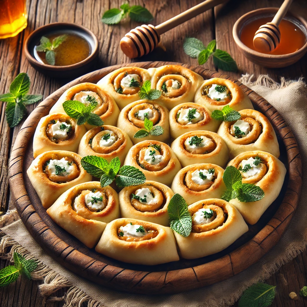 Geitenkaas- en muntpizzarolletjes, goudbruin gebakken en gerangschikt op een rustieke houten schaal, gegarneerd met verse muntblaadjes en een drizzel honing, geserveerd in een warme, gezellige setting.