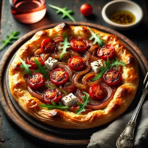 Goudbruine plaattaart met gekarameliseerde uien, gehalveerde tomaten en verkruimelde geitenkaas, gegarneerd met verse rucola, geserveerd op een donker rustieke houten tafel met een kommetje olijfolie en een glas rosé in zacht natuurlijk licht.