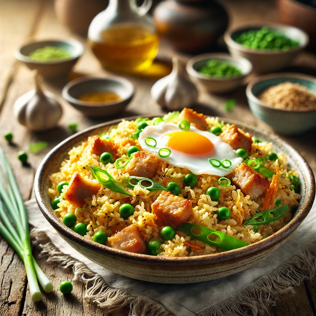 Gembergebakken rijst met malse varkensreepjes, roerei en groene erwten, licht besprenkeld met Batida de Coco. Gegarneerd met lente-ui en sesamzaad, geserveerd in een rustieke kom op een houten tafel met warme, natuurlijke belichting.