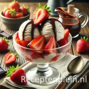 Vanille-ijs met aardbeien en warme chocoladesaus, geserveerd in glazen coupe op houten tafel met verse aardbeien.