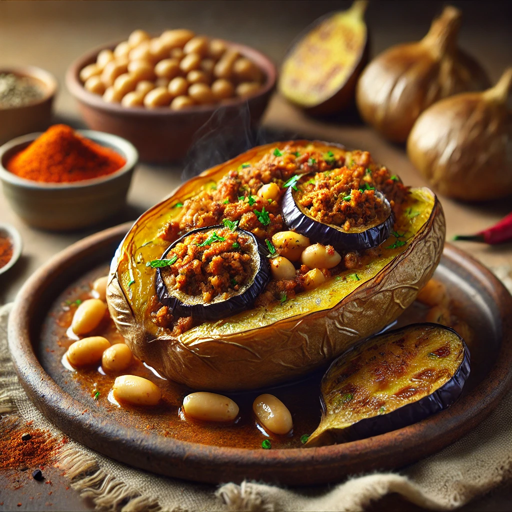 Een realistische foto van ovengebakken gepofte aardappelen met een hartige vulling van soja-gehakt, cannellinibonen en geroosterde aubergine, geserveerd op een rustieke keramieken schaal. De goudbruine, knapperige aardappelen zijn opengesneden en royaal gevuld met het kruidige mengsel. Een garnering van verse kruiden en een romige soja-saus maakt het gerecht compleet. Op de achtergrond staan een houten snijplank met extra geroosterde aubergine, een kom cannellinibonen en een schaaltje chilipoeder, subtiel vervaagd voor een warme en uitnodigende sfeer.