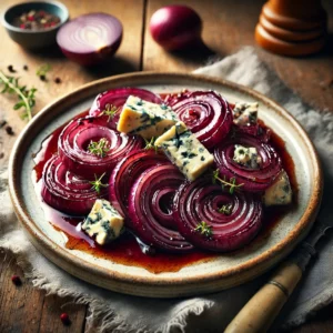 Gepofte rode uien in een diepe rode wijnsiroop, gegarneerd met smeltende plakjes blauwschimmelkaas en verse kruiden. Geserveerd op een rustieke keramische schaal op een houten tafel met warme, natuurlijke belichting.