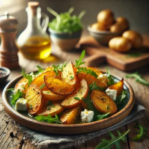 Een realistische foto van geroosterde aardappelschijfjes met rucolasalade en feta, geserveerd op een keramieken bord op een doorleefde houten tafel. De goudbruine, krokante aardappelschijfjes zijn gekruid en perfect geroosterd. Verse rucola voegt een pittige, frisse toets toe, terwijl verkruimelde feta een romige en licht zoute smaak biedt. Een drizzle olijfolie en een snufje zwarte peper maken het gerecht af. Op de achtergrond ligt een houten snijplank met extra aardappelen, feta en verse rucola, subtiel vervaagd. Zacht natuurlijk licht benadrukt de texturen en kleuren, wat zorgt voor een uitnodigende, verse uitstraling.