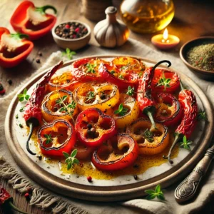 Een bord met geroosterde krieltjes en stukken rode en gele paprika, gekruid met oregano, geserveerd op een houten tafel met een linnen servet en een schaaltje oregano op de achtergrond.