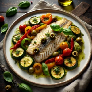 Gestoofde tilapiafilet met een hartige olijvenpuree, geserveerd met een medley van Mediterrane groenten zoals courgette, paprika en cherrytomaten, gegarneerd met verse basilicum, op een wit bord geplaatst op een donker rustieke houten tafel in zacht natuurlijk licht.
