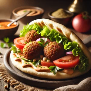 Falafel met shoarmabroodjes en pittige saus, geserveerd in een warm pitabroodje met sla, tomaat en rode ui, gegarneerd met verse kruiden en sesamzaadjes.