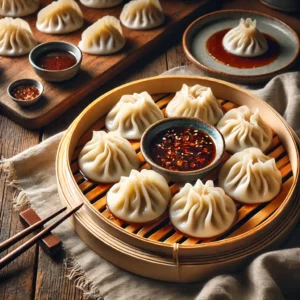 Een ronde bamboestomer gevuld met delicate gestoomde Chinese beursjes (dumplings), met een zacht, licht doorschijnend deeg en verfijnde plooien. Naast de dumplings staat een schaaltje glanzende zoetzure saus. Een set eetstokjes rust naast de stomer op een rustieke houten tafel, samen met een linnen servet. Op de achtergrond ligt een houten snijplank met extra dumplingvellen, een schaaltje fijngehakte bosui en een flesje sojasaus. De warme, natuurlijke belichting benadrukt de subtiele texturen en rijke smaken van dit Aziatische gerecht.