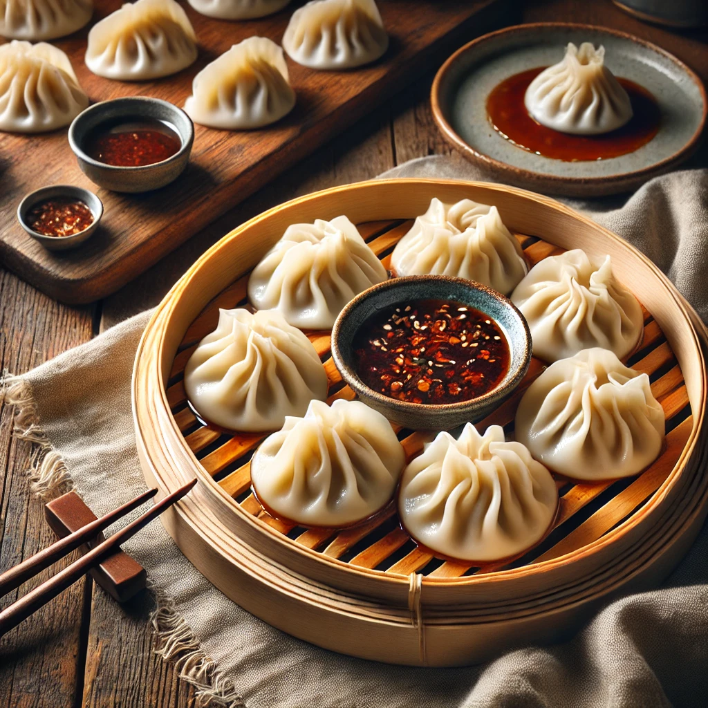 Een ronde bamboestomer gevuld met delicate gestoomde Chinese beursjes (dumplings), met een zacht, licht doorschijnend deeg en verfijnde plooien. Naast de dumplings staat een schaaltje glanzende zoetzure saus. Een set eetstokjes rust naast de stomer op een rustieke houten tafel, samen met een linnen servet. Op de achtergrond ligt een houten snijplank met extra dumplingvellen, een schaaltje fijngehakte bosui en een flesje sojasaus. De warme, natuurlijke belichting benadrukt de subtiele texturen en rijke smaken van dit Aziatische gerecht.