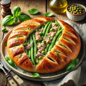 Gevulde fougasse met tonijnsalade en sperziebonen, geserveerd op een rustieke houten tafel, gegarneerd met rode ui, basilicum en een drizzle olijfolie.