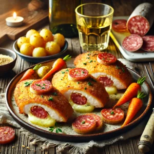 Gevulde scholfilets met salami en kaas, gepaneerd en goudbruin gebakken, geserveerd met gebakken krieltjes en gekookte worteltjes, op een rustieke tafel met decoratie van salami, paneermeel en witte wijn.