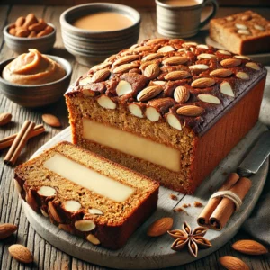 Een realistische foto van traditionele Nederlandse gevulde speculaas met amandelspijs, geserveerd op een rustieke houten tafel. De kruidige speculaaskoek heeft een licht gebarsten oppervlak en een rijke, romige amandelspijsvulling. Hele amandelen versieren de bovenkant, gebakken tot een diepe goudbruine kleur. Enkele plakjes zijn gesneden en op een houten snijplank gelegd, wat de contrasten tussen het donkere deeg en de lichte amandelvulling benadrukt. Op de achtergrond zijn een kopje koffie, kaneelstokjes en een schaaltje amandelspijs subtiel vervaagd voor een warme, uitnodigende sfeer.