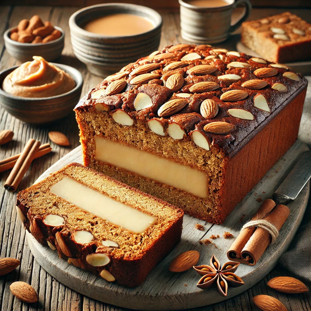 Een realistische foto van traditionele Nederlandse gevulde speculaas met amandelspijs, geserveerd op een rustieke houten tafel. De kruidige speculaaskoek heeft een licht gebarsten oppervlak en een rijke, romige amandelspijsvulling. Hele amandelen versieren de bovenkant, gebakken tot een diepe goudbruine kleur. Enkele plakjes zijn gesneden en op een houten snijplank gelegd, wat de contrasten tussen het donkere deeg en de lichte amandelvulling benadrukt. Op de achtergrond zijn een kopje koffie, kaneelstokjes en een schaaltje amandelspijs subtiel vervaagd voor een warme, uitnodigende sfeer.