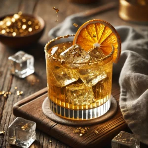 Golddigger cocktail in een tumblerglas op een rustieke houten tafel, met ijsblokjes, een sinaasappelschil en zwevende eetbare goudvlokken.